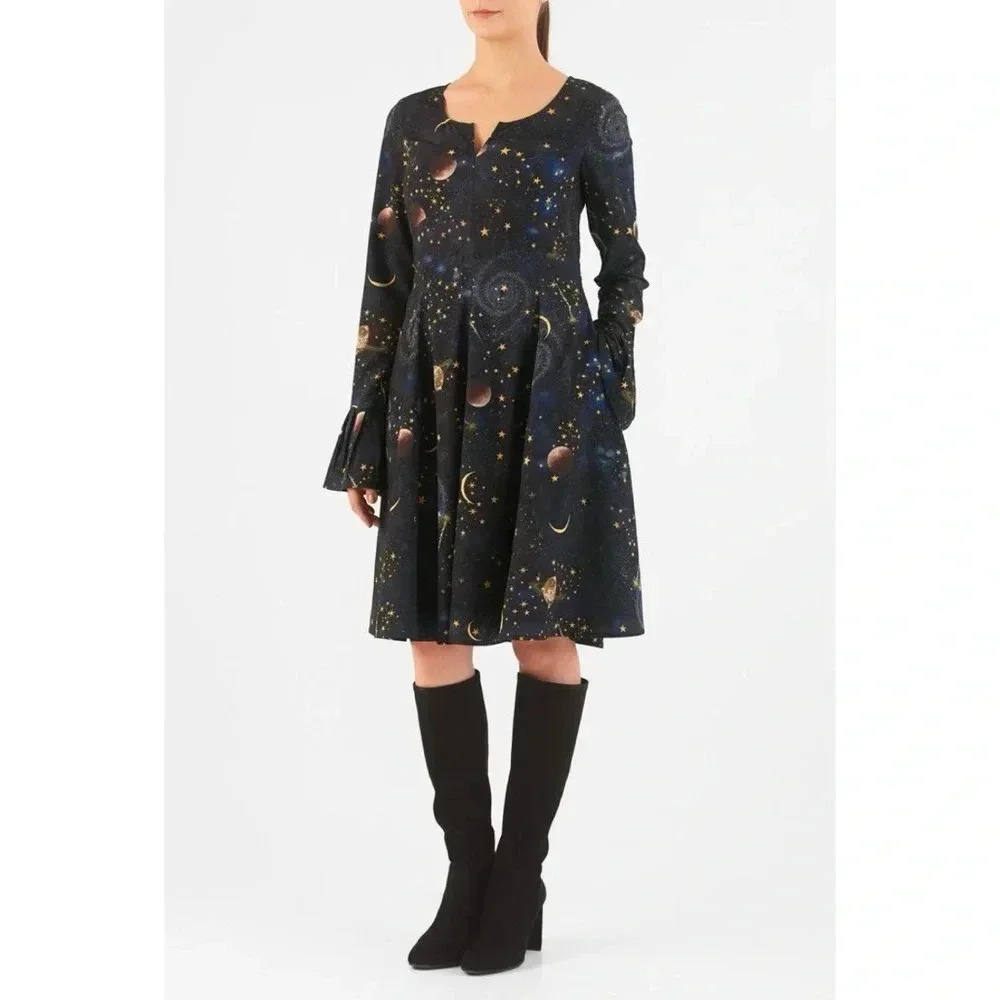 eShakti Constellation Galaxy Planet Print Crepe Empire Dress